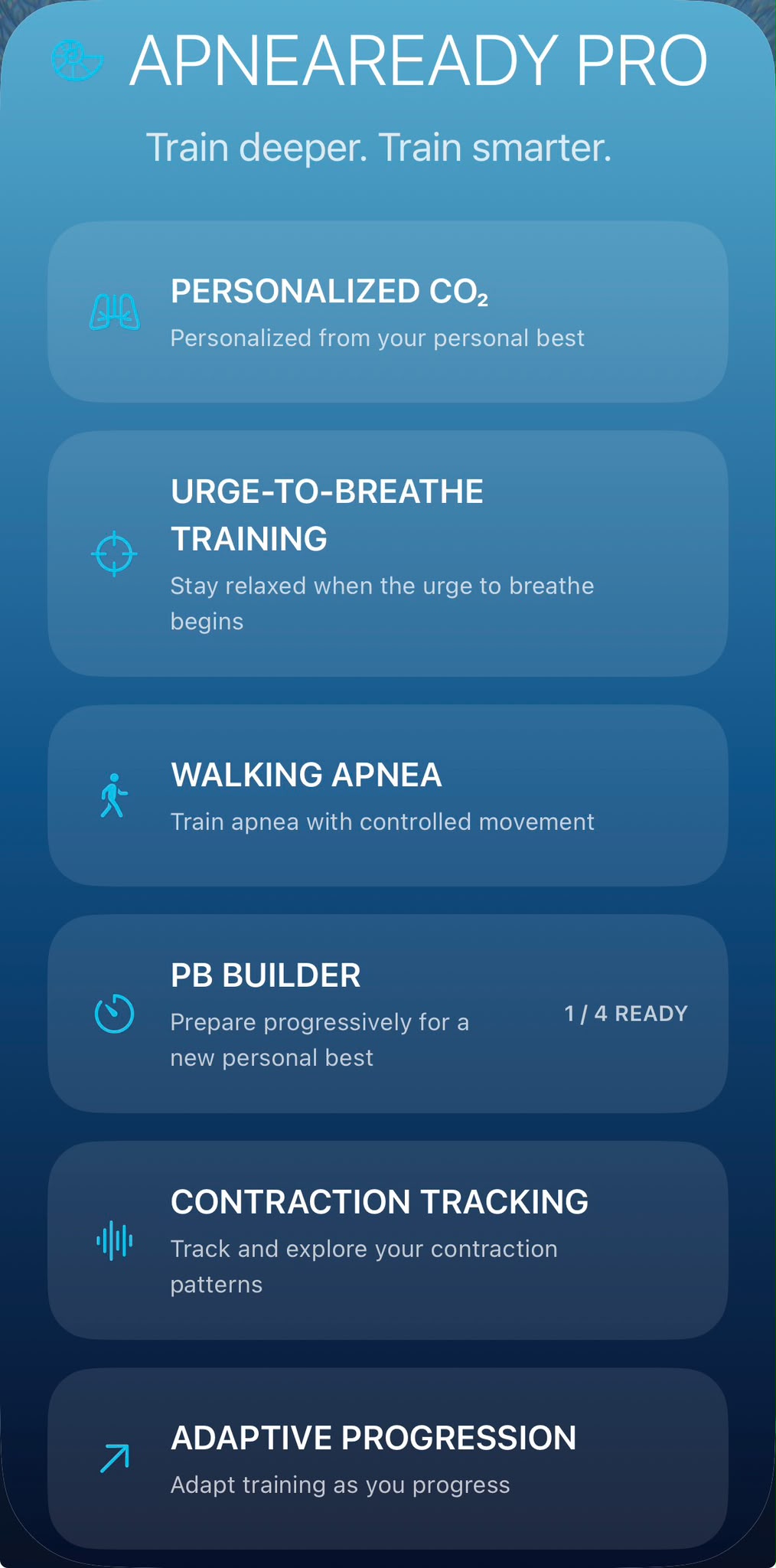 ApneaReady Pro screen showing its six training features