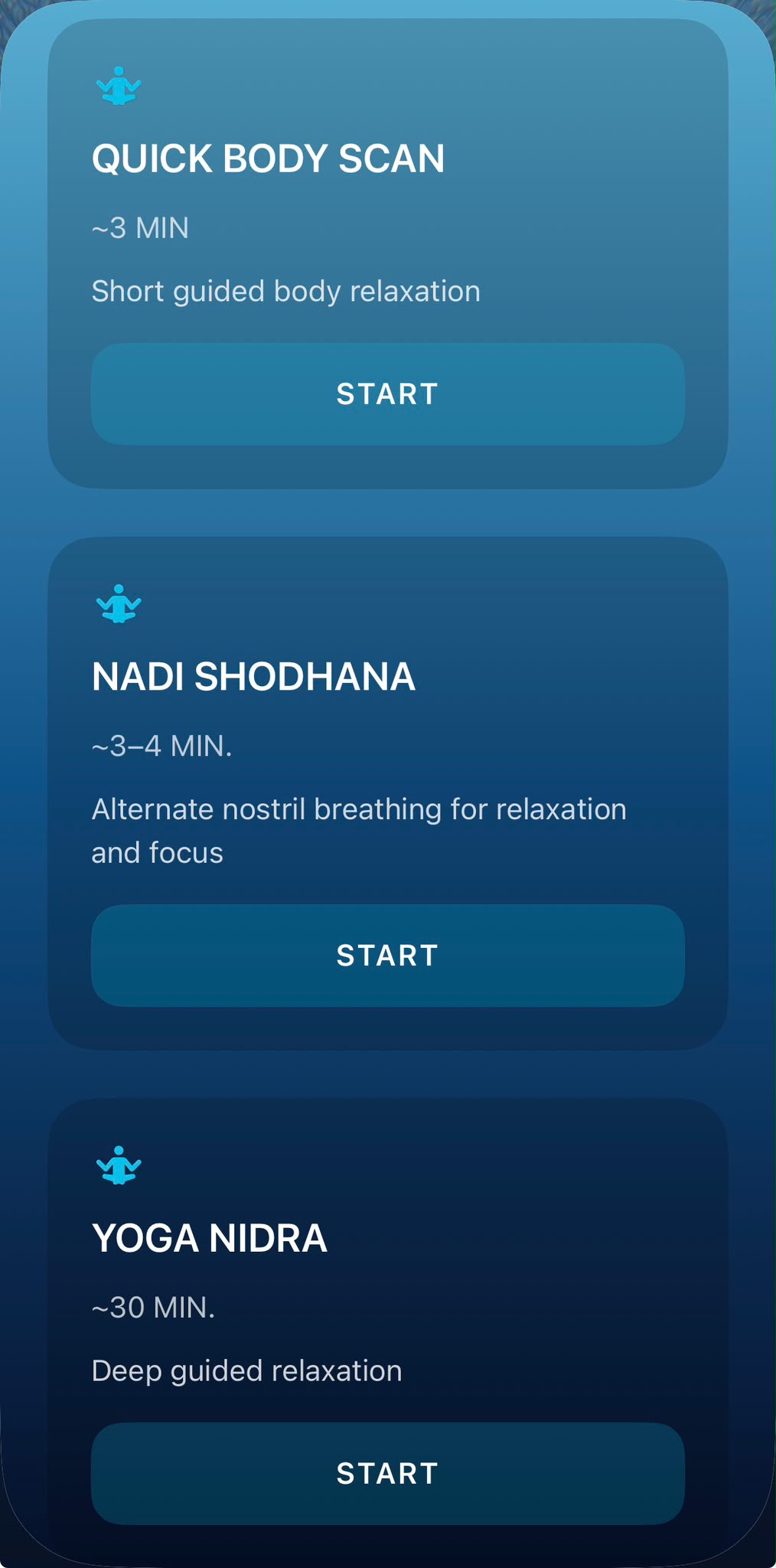 ApneaReady recovery screen with Body Scan, Nadi Shodhana and Yoga Nidra