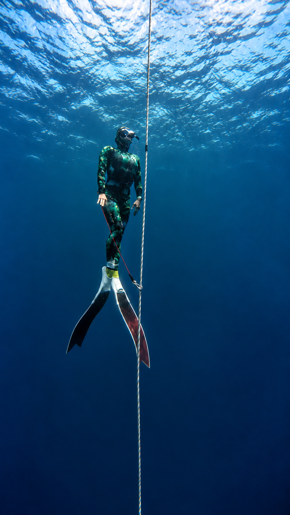 Freediver in a dark wetsuit beside a vertical line in deep blue water